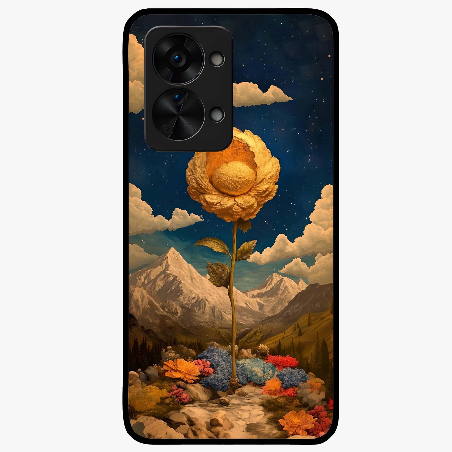 Golden Bloom Night Glass Case for 1+Nord 2T elegant front view featuring glowing golden floral artwork on dark background
