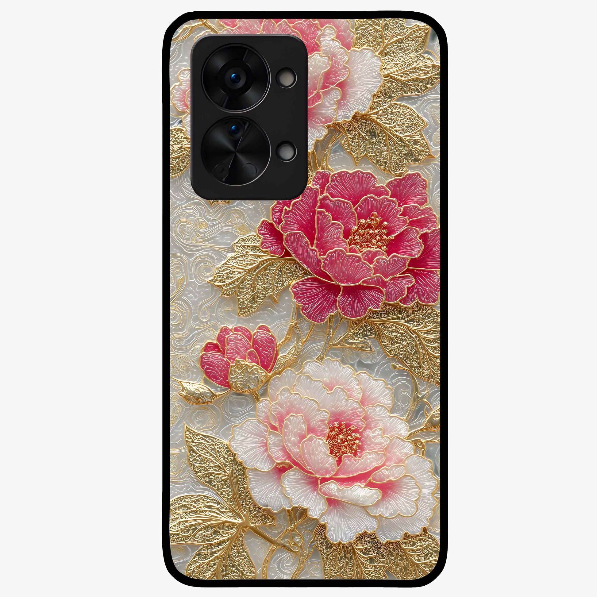 Golden Blossom Elegance Glass Case for 1+Nord 2T graceful front view featuring refined golden floral artwork