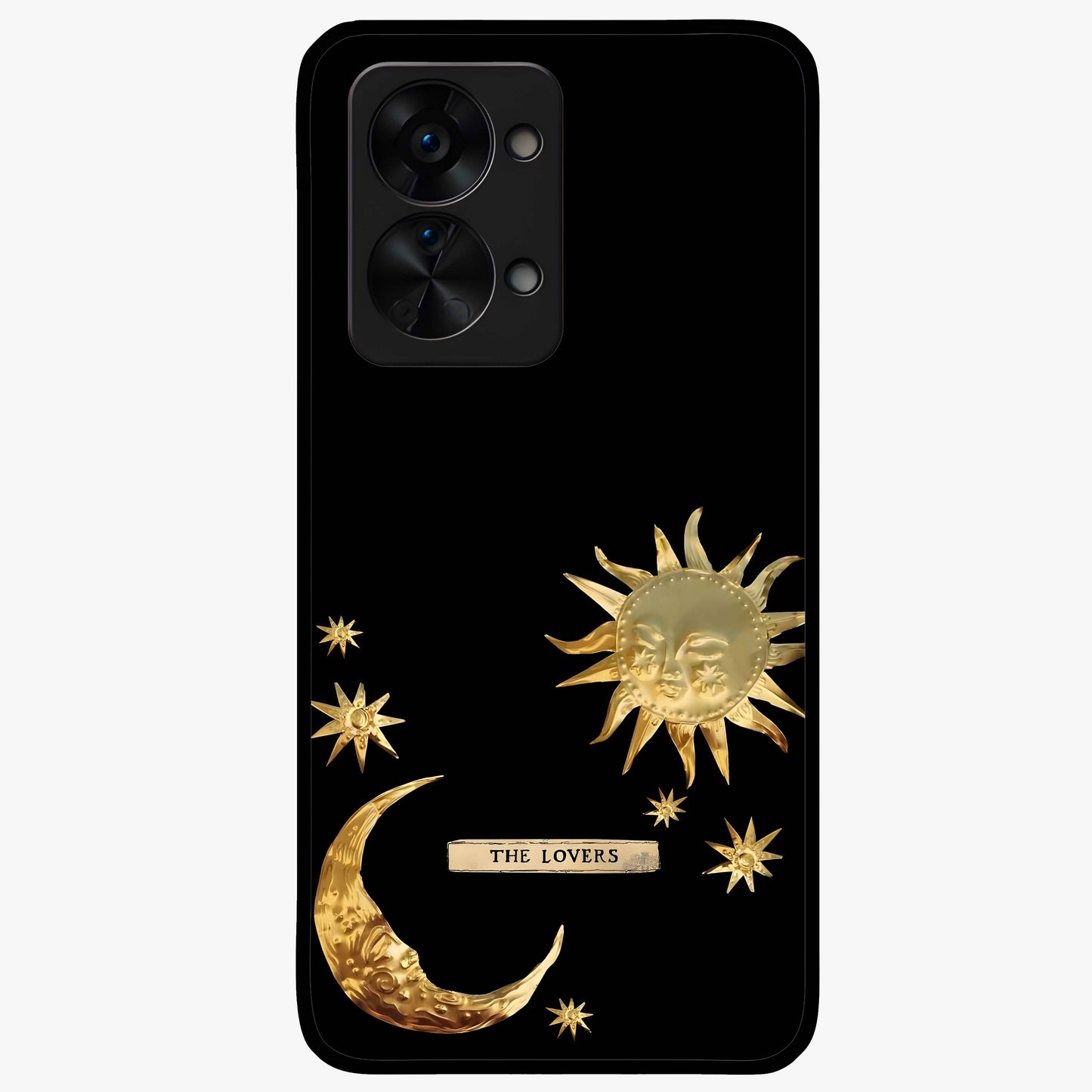 Golden Celestial Charm Glass Case for 1+Nord 2T radiant front view featuring celestial artwork with golden accents
