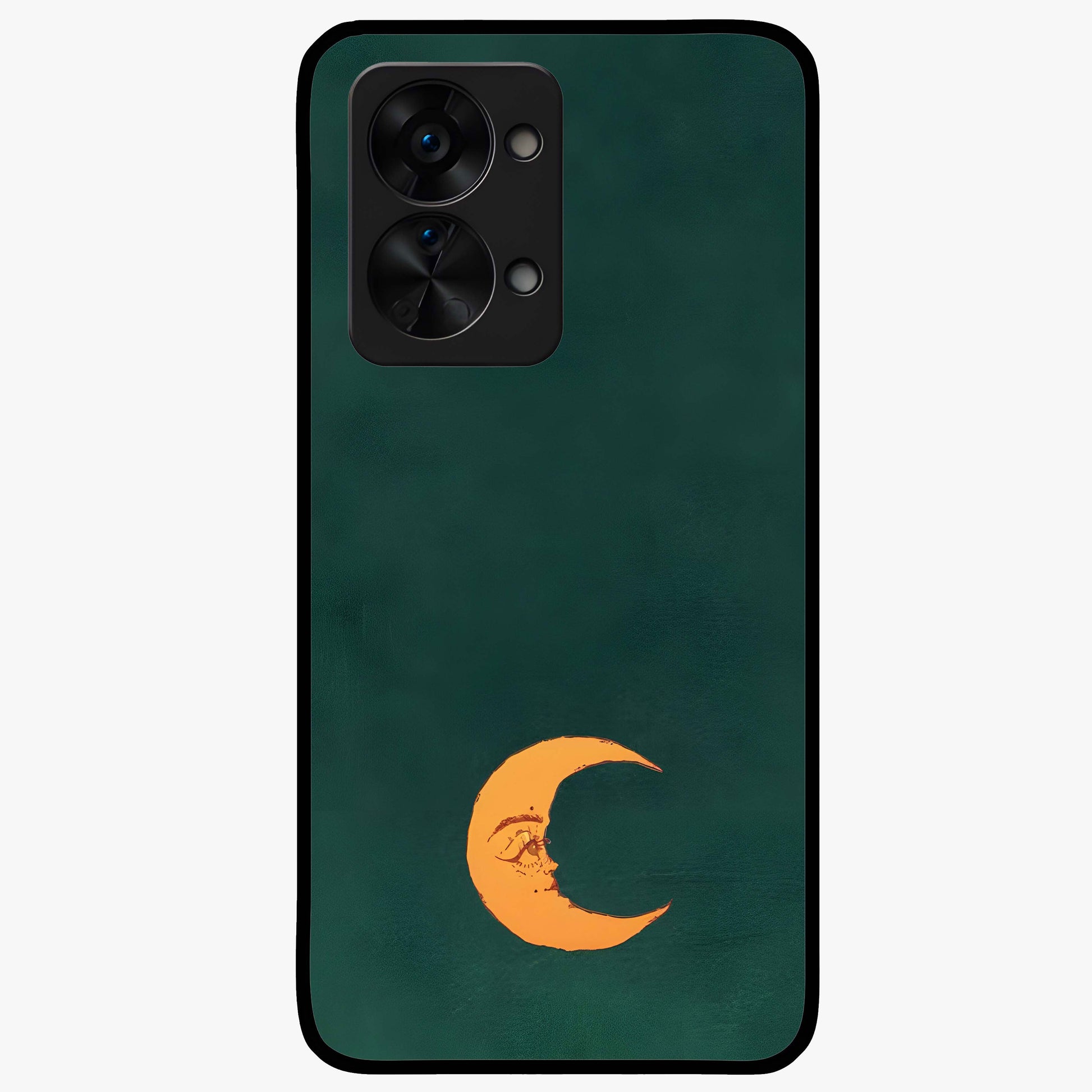 Golden Crescent Mood Glass Case for 1+Nord 2T artistic front view featuring crescent moon artwork in warm golden tones