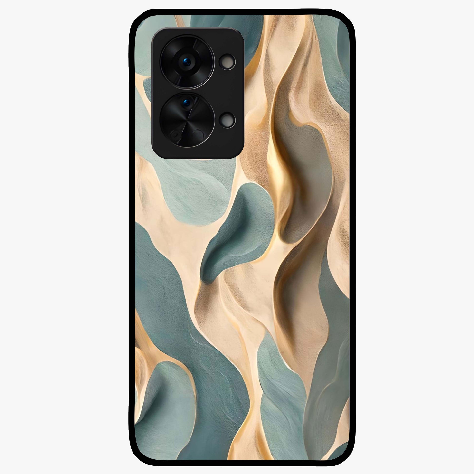 Golden Dune Waves Glass Case for 1+Nord 2T scenic front view featuring flowing desert dune artwork in golden hues