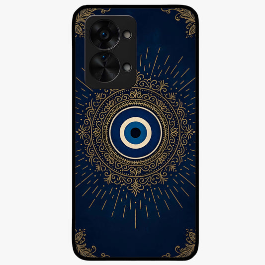 Golden Evil Eye Mandala Glass Case for 1+Nord 2T bold front view featuring intricate mandala artwork with golden evil eye