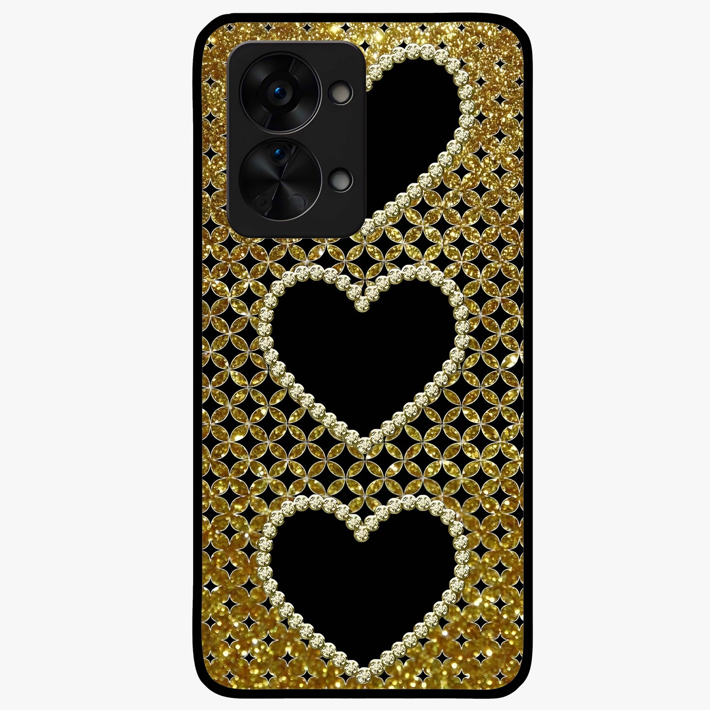 Golden Heart Glow Glass Case for 1+Nord 2T romantic front view featuring glowing golden heart artwork