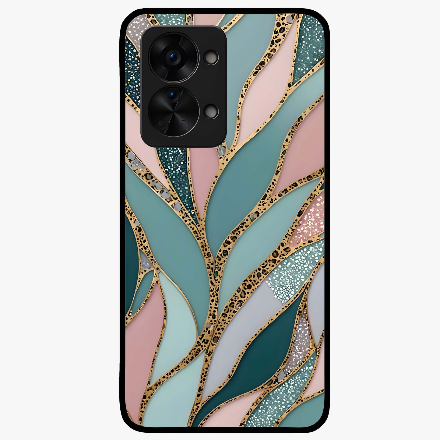 Golden Leaf Dreams Glass Case for 1+Nord 2T elegant front view featuring shimmering golden leaf artwork