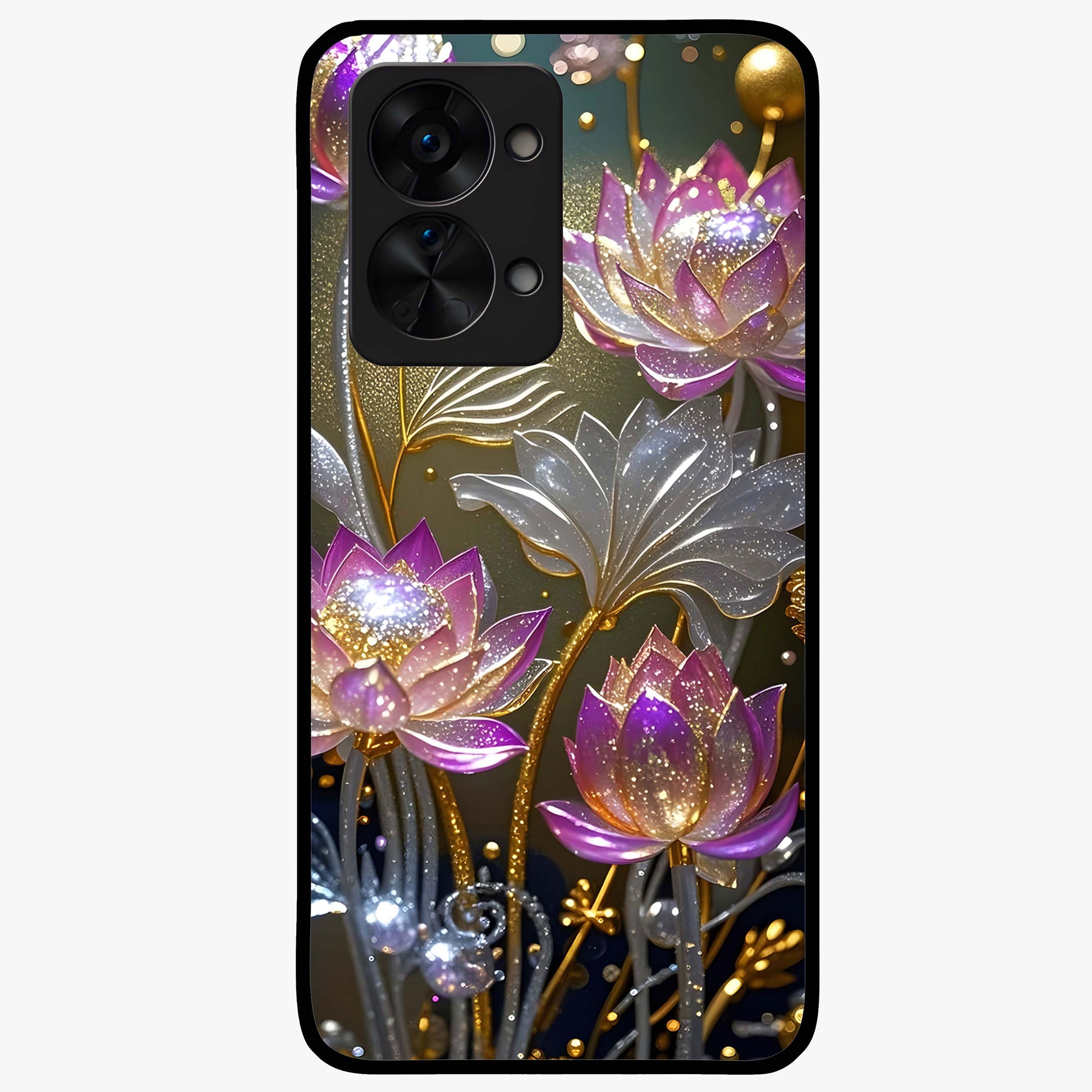 Golden Lotus Glow Glass Case for 1+Nord 2T serene front view featuring radiant lotus artwork in golden hues