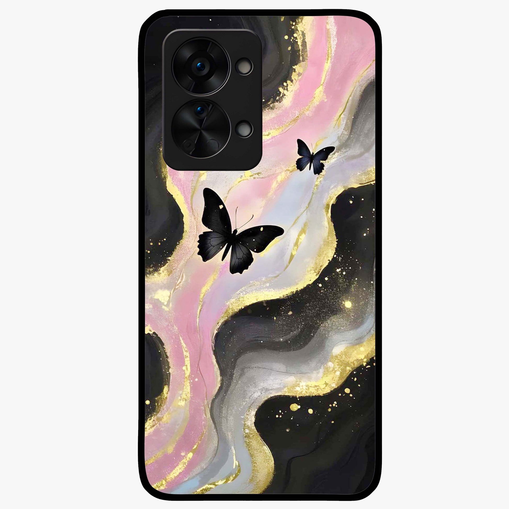 Golden Mist Butterflies Glass Case for 1+Nord 2T elegant front view featuring soft golden butterfly artwork with misty tones