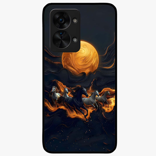 Golden Stallion Moonride Glass Case for 1+Nord 2T majestic front view featuring horse artwork under golden moonlight