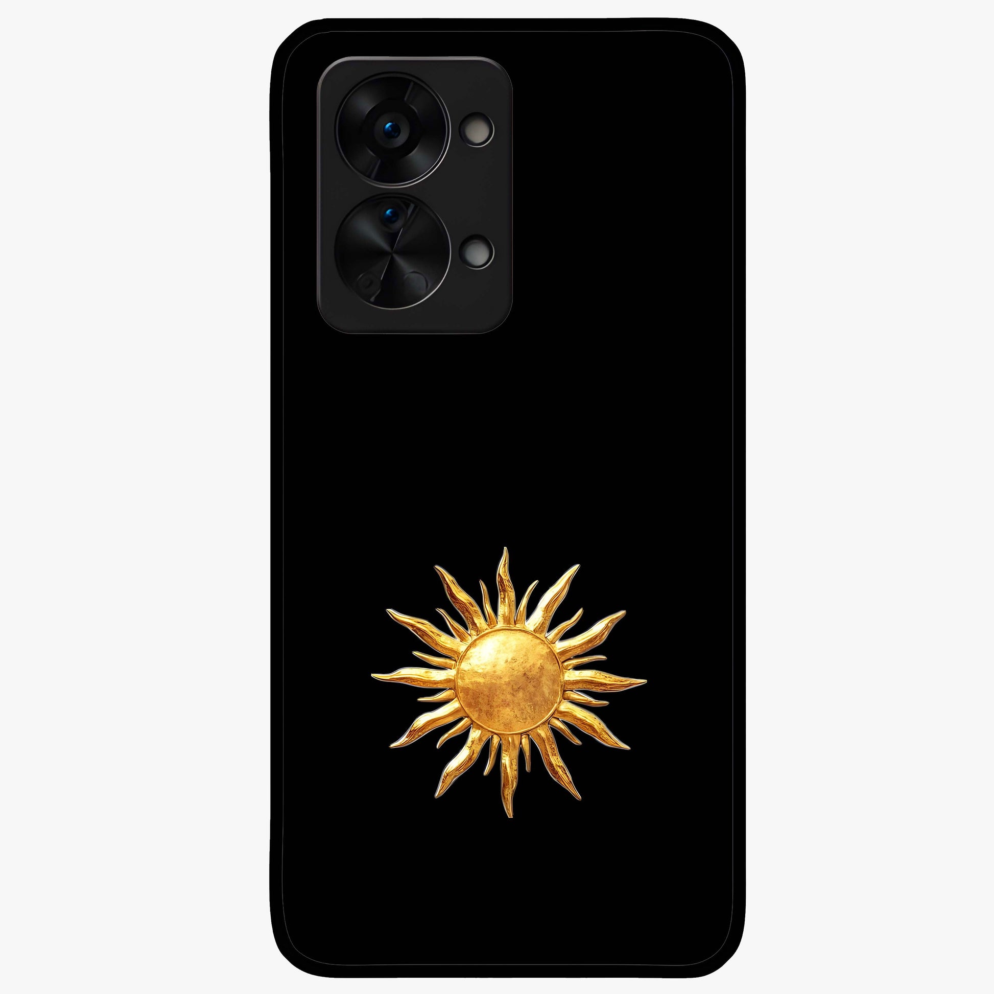 Golden Sun Minimalism Glass Case for 1+Nord 2T clean front view featuring minimalist golden sun artwork