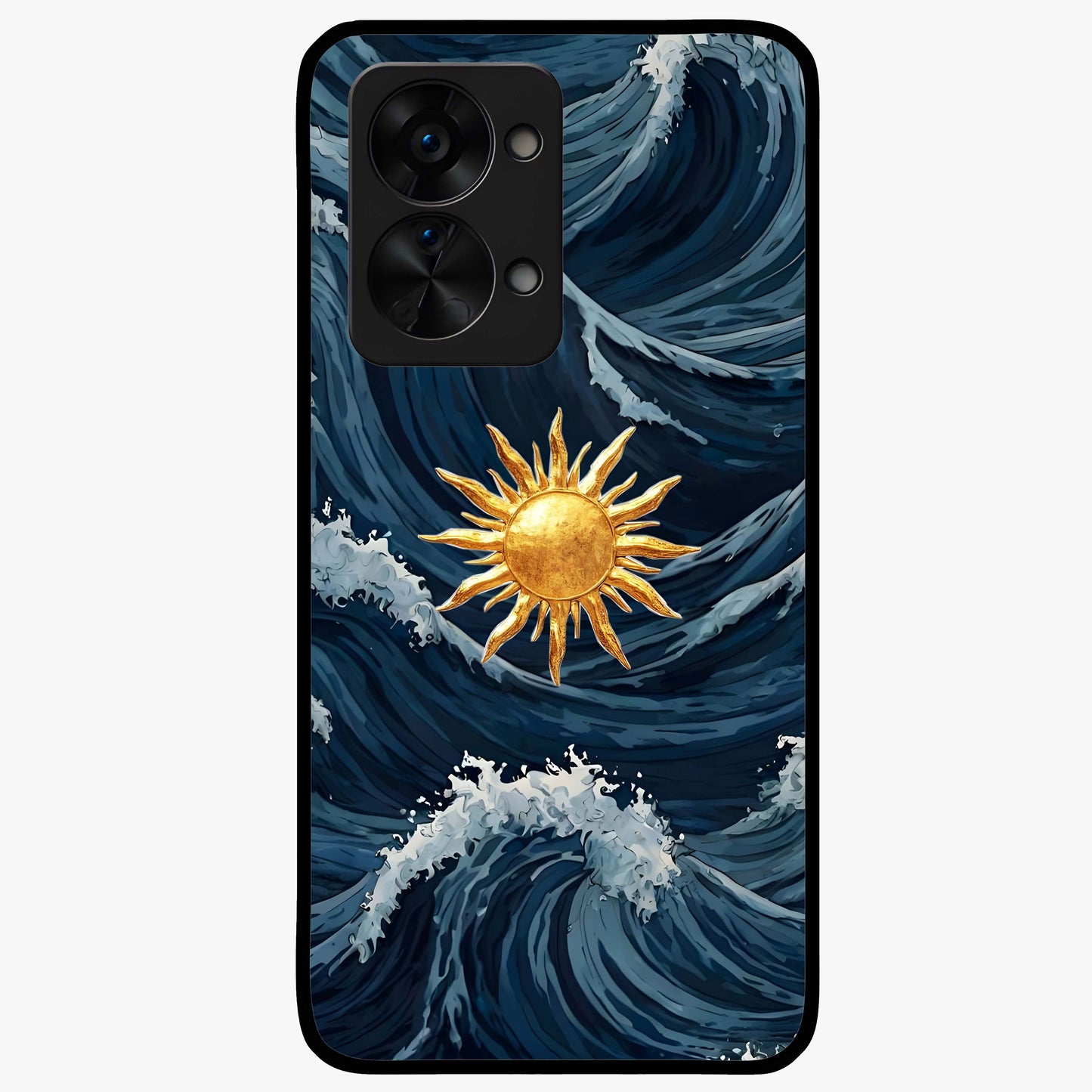 Golden Wave Rise Glass Case for 1+Nord 2T dynamic front view featuring flowing wave artwork in golden tones