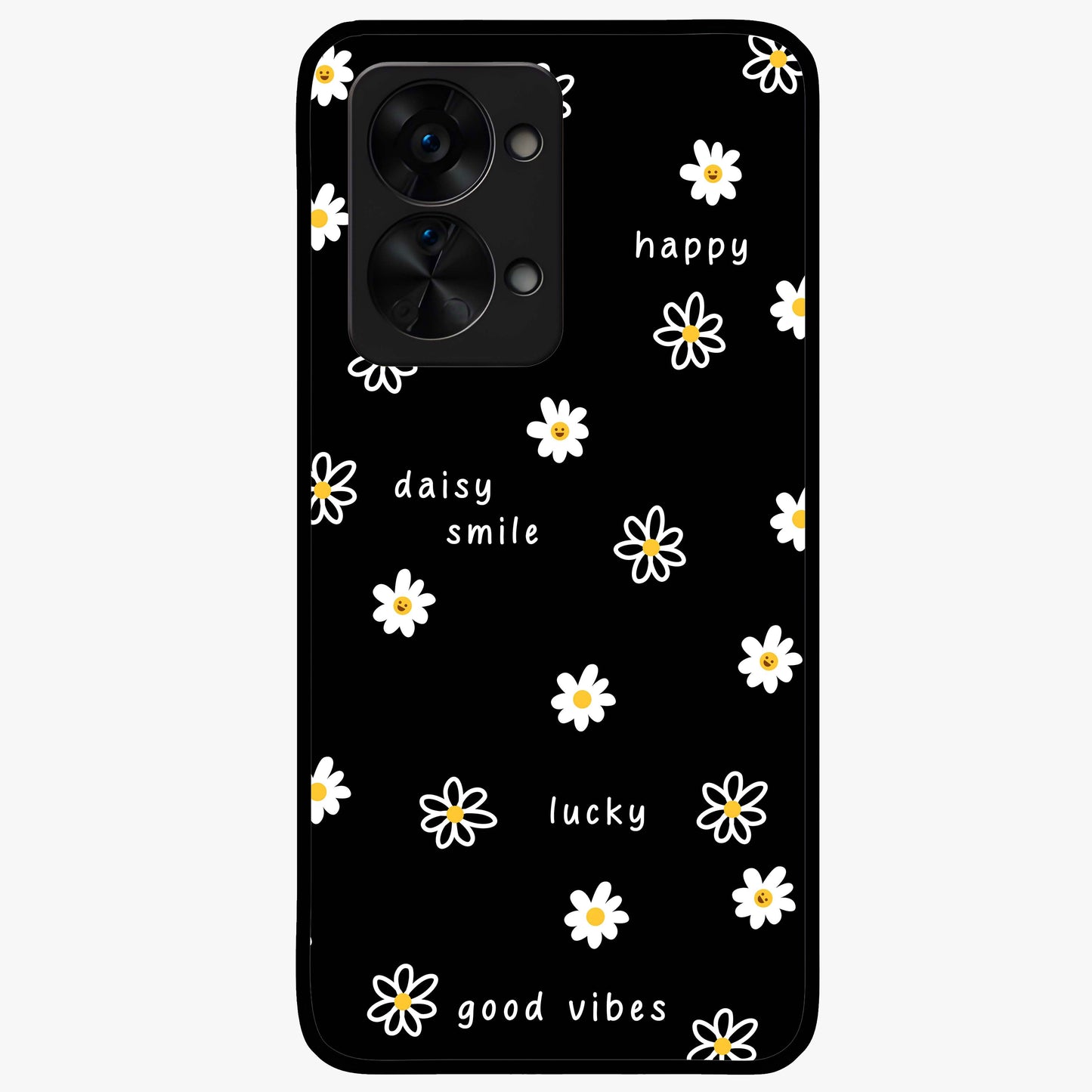 Good Vibes Daisy Black Pattern Glass Case for 1+Nord 2T stylish front view featuring white daisy artwork on black background