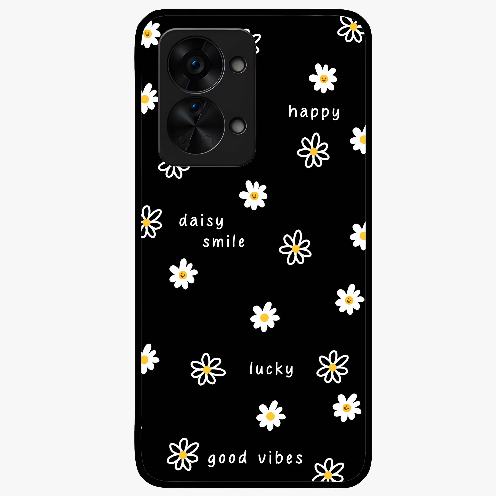 Good Vibes Daisy Black Pattern Glass Case for 1+Nord 2T stylish front view featuring white daisy artwork on black background