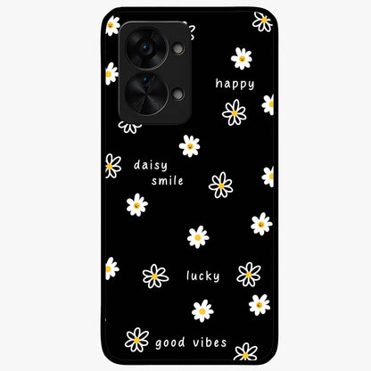 Good Vibes Daisy Black Pattern Glass Case for 1+Nord 2T stylish front view featuring white daisy artwork on black background