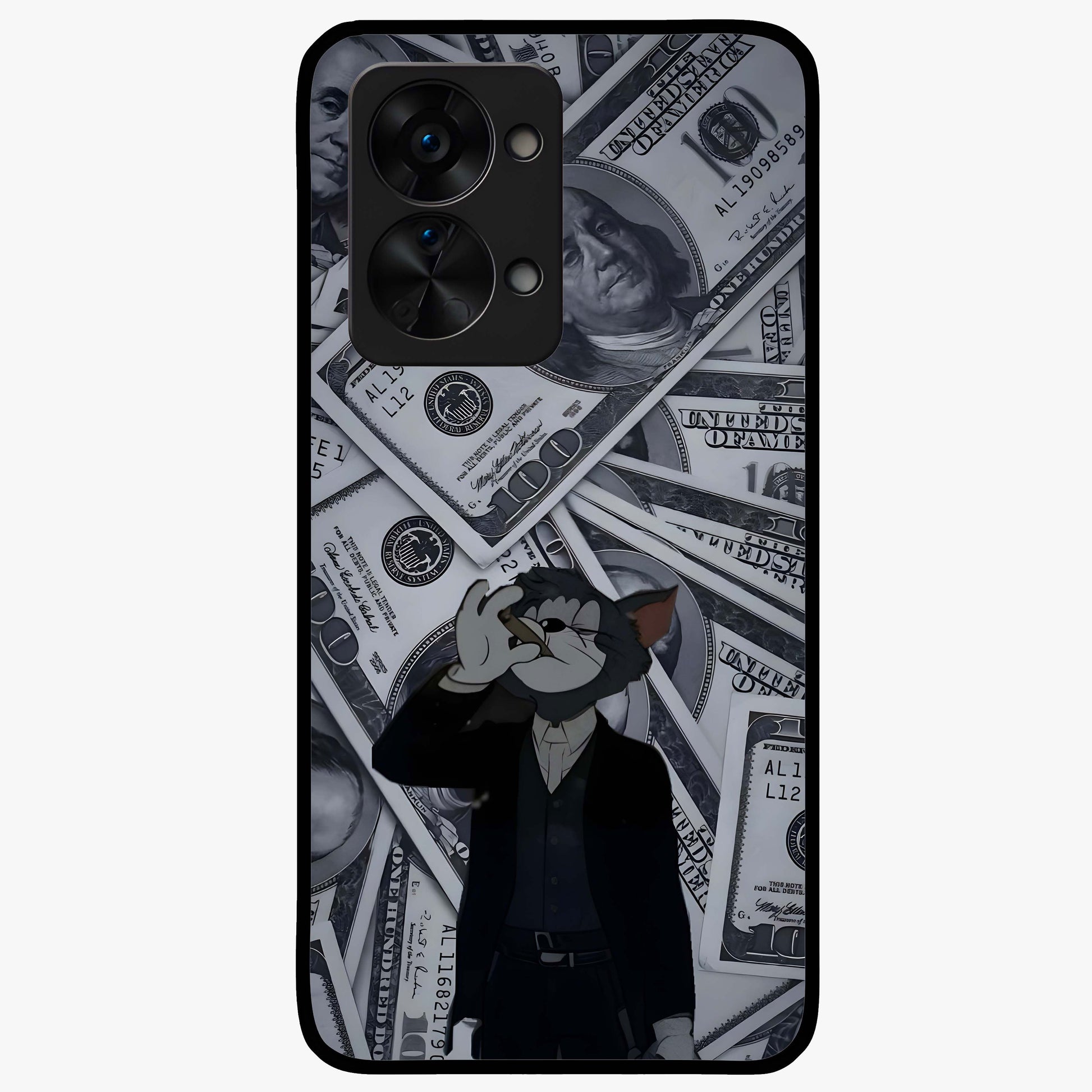 Greedy Fortune Cat Glass Case for 1+Nord 2T charming front view featuring lucky cat inspired artwork