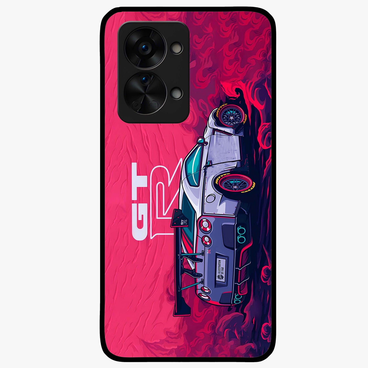 Gt R Car Pattern Glass Case for 1+Nord 2T bold front view featuring performance car inspired pattern artwork