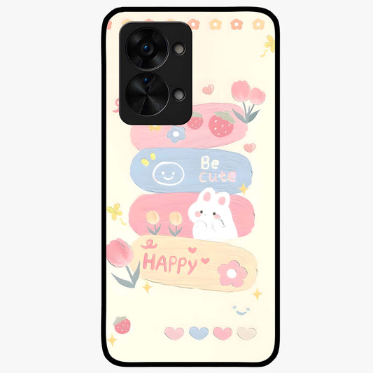 Happy Cute Bunny Glass Case for 1+Nord 2T adorable front view featuring playful bunny artwork