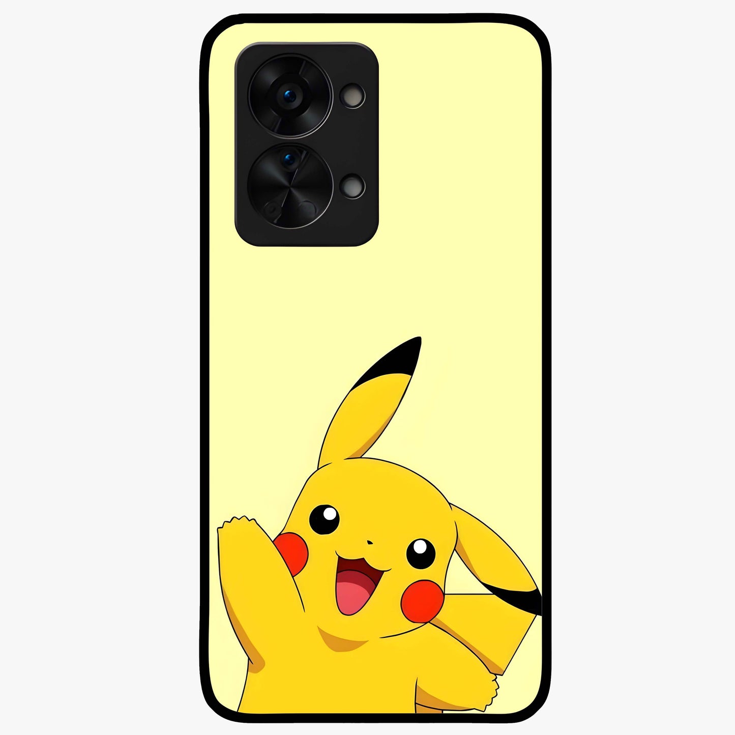 Happy Electric Pikachu Glass Case for 1+Nord 2T energetic front view featuring electric themed cartoon artwork