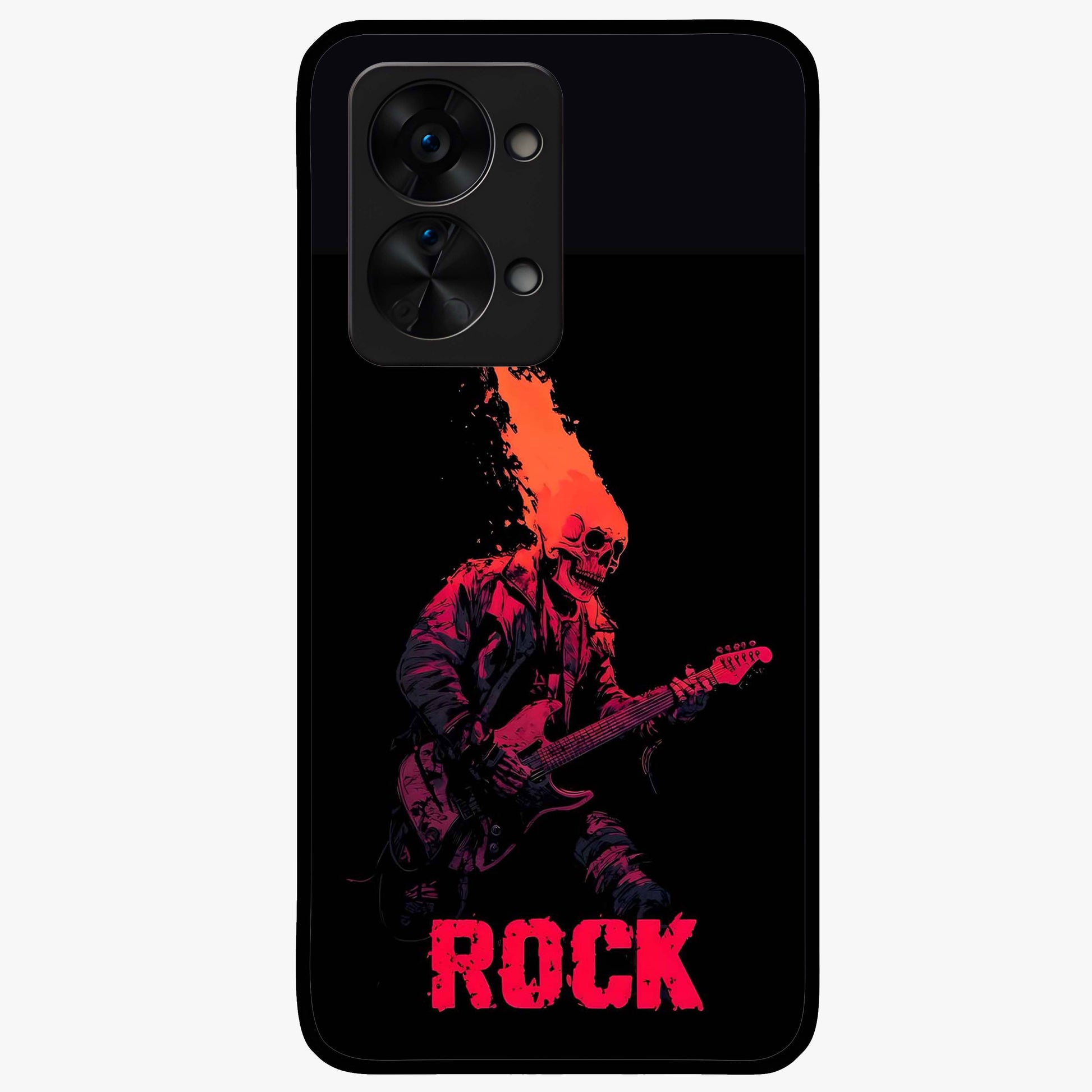 Hellfire Rock Anthem Glass Case for 1+Nord 2T showing full back design in clean flat view with fiery rock-inspired artwork and glossy glass finish.