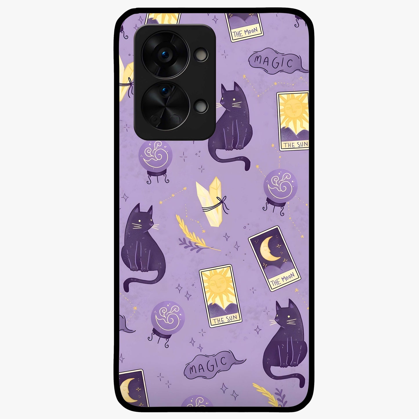 Humble Magic Cats Glass Case for 1+Nord 2T showing full back design in clean flat view with whimsical cat artwork and glossy glass finish.