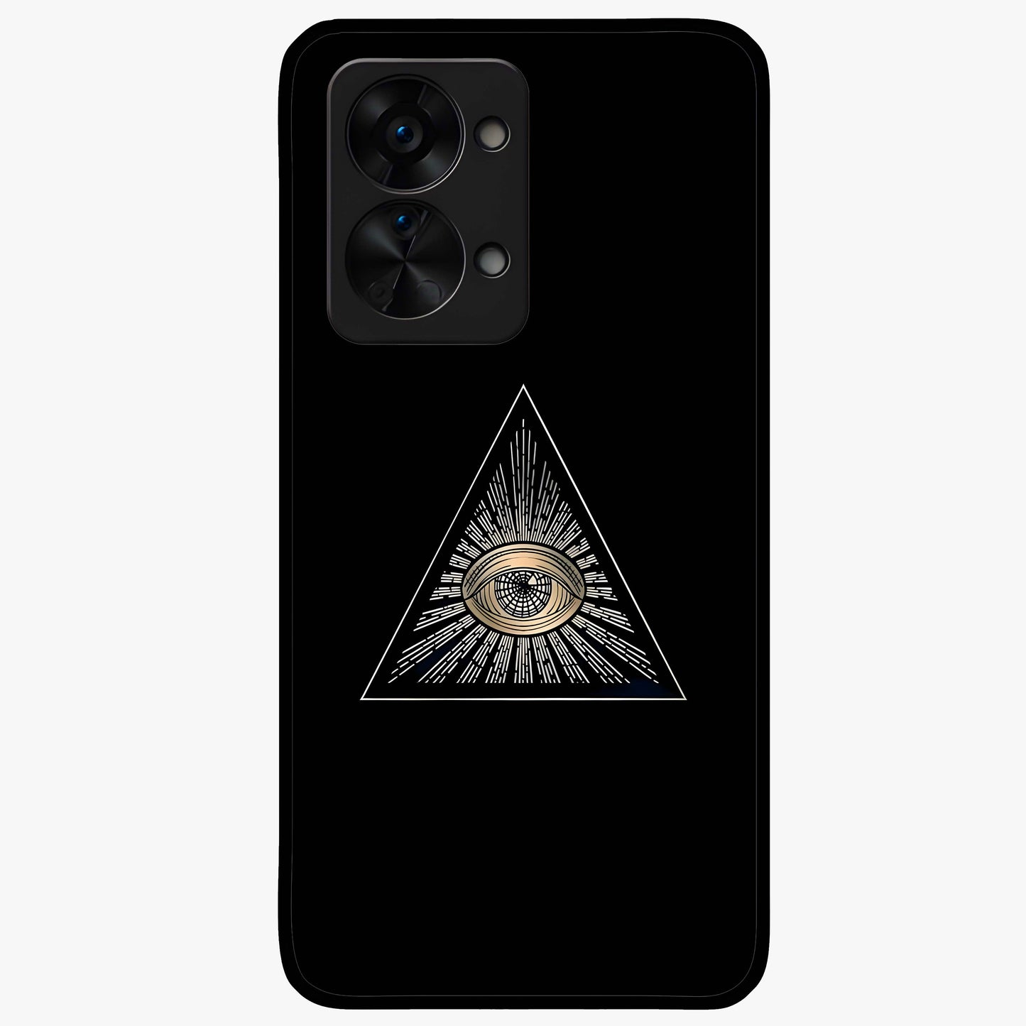 Illuminati Evil Glass Case for 1+Nord 2T showing full back design in clean flat view with bold symbolic artwork and glossy glass finish.