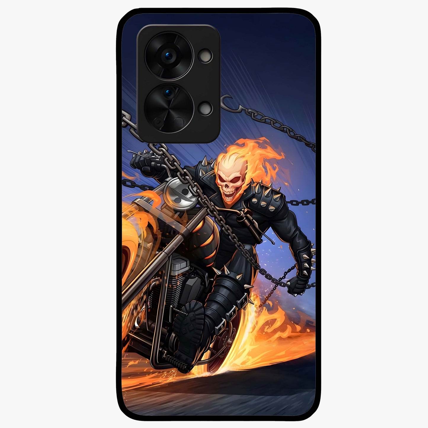 Inferno Chain Rider Glass Case for 1+Nord 2T showing full back design in clean flat view with fiery chain rider artwork and glossy glass finish.