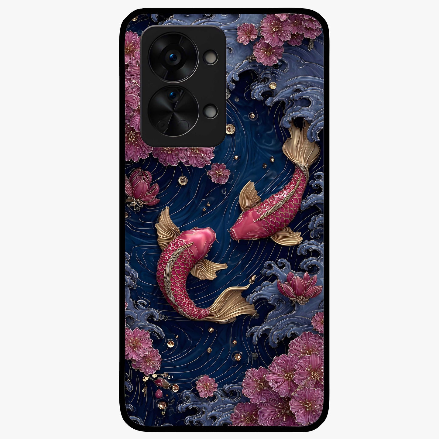 Koi Wave Dance Glass Case for 1+Nord 2T artistic front view featuring flowing koi fish artwork with wave patterns