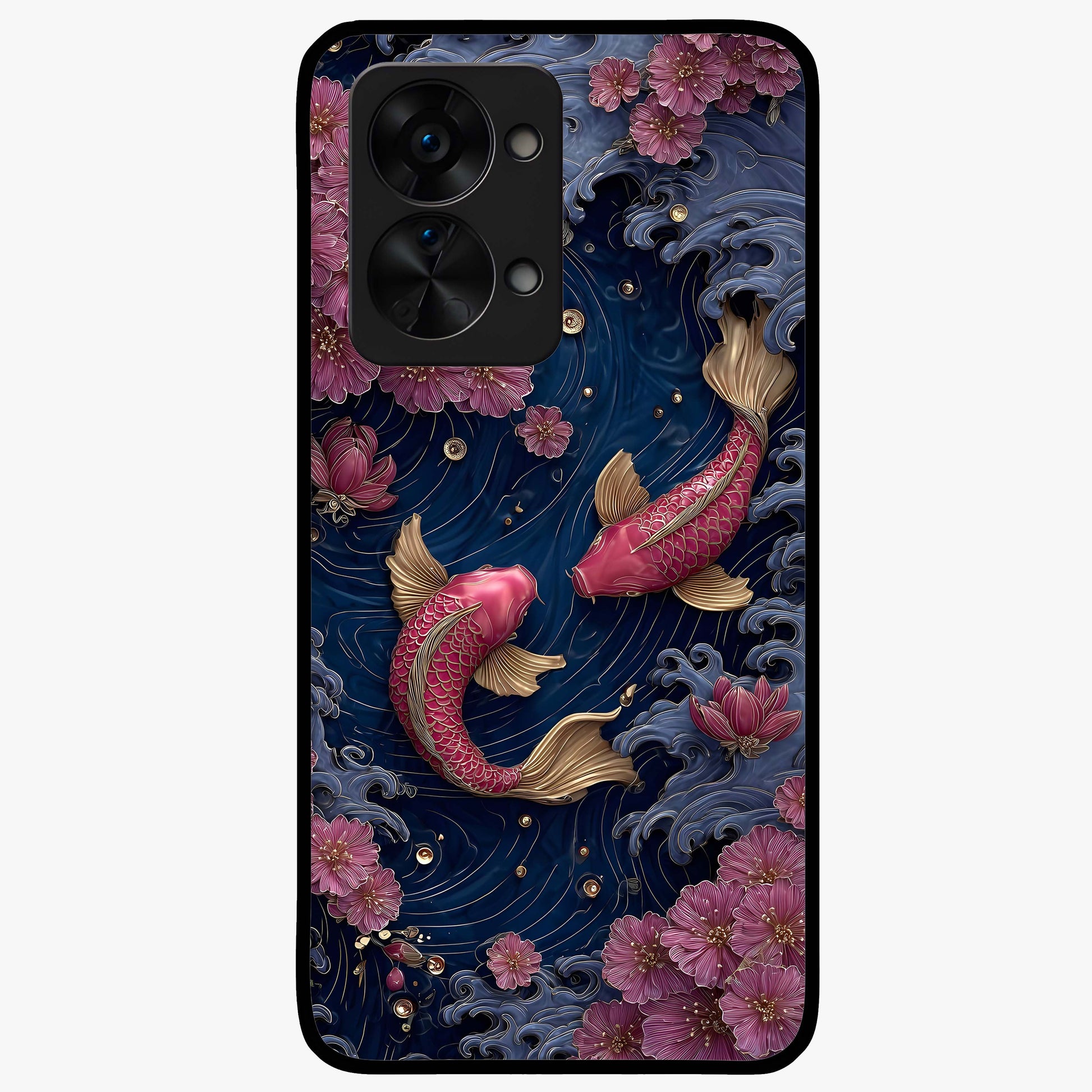 Koi Wave Dance Glass Case for 1+Nord 2T artistic front view featuring flowing koi fish artwork with wave patterns