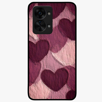 Layered Paper Hearts Glass Case for 1+Nord 2T charming front view featuring dimensional paper style heart artwork