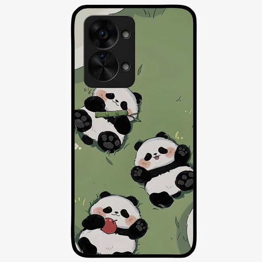 Lazy Panda Picnic Glass Case for 1+Nord 2T adorable front view featuring playful panda picnic themed artwork