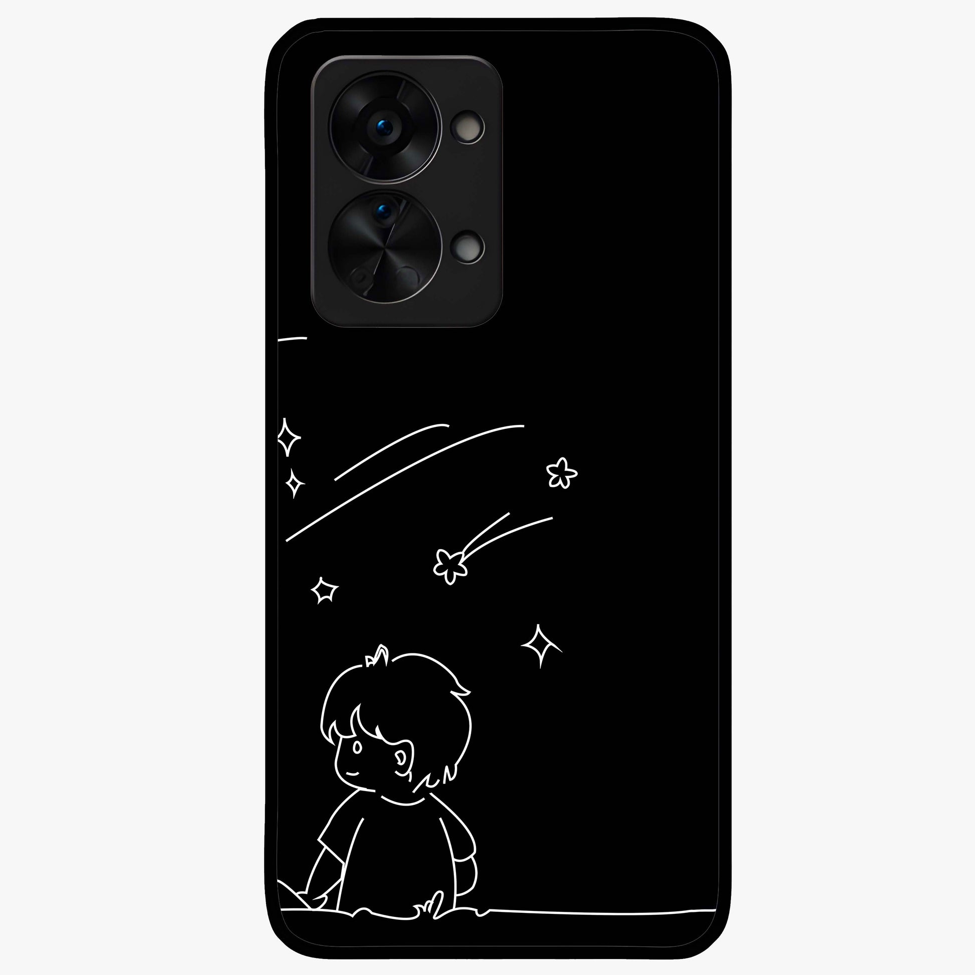 Line Art Boy With Shooting Stars Glass Case for 1+Nord 2T artistic front view featuring minimal line art character with star accents