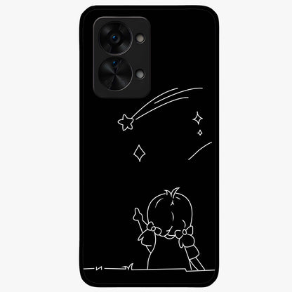 Line Art Girl With Shooting Stars Glass Case for 1+Nord 2T elegant front view featuring minimal line art character with shooting stars