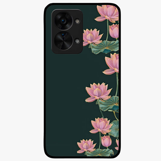 Lotus Bloom Serenity Glass Case for 1+Nord 2T peaceful front view featuring elegant lotus floral artwork