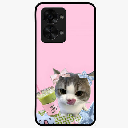 Love Matcha Cat Glass Case for 1+Nord 2T adorable front view featuring cute cat artwork with matcha theme