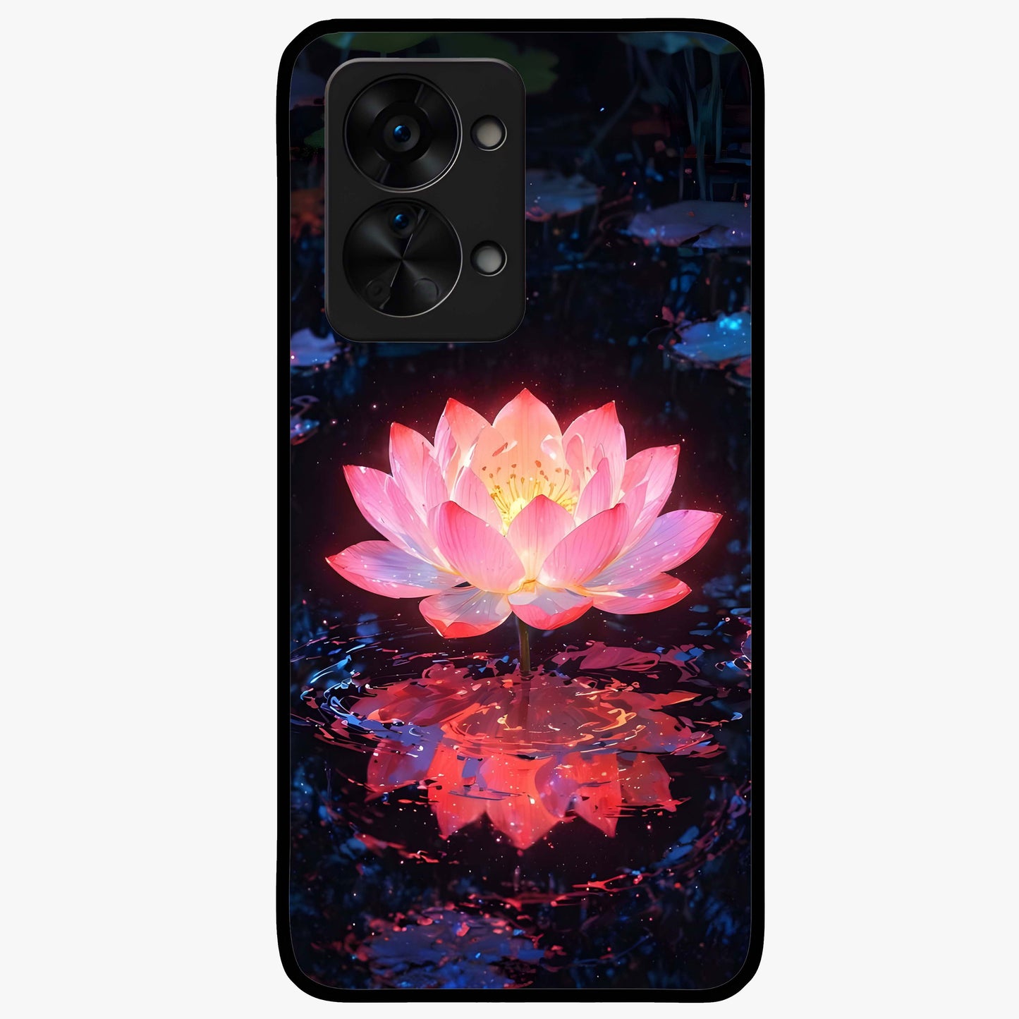 Luminous Lotus Glow Glass Case for 1+Nord 2T radiant front view featuring glowing lotus artwork