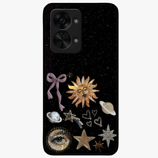 Magical Jewelry Vibe Glass Case for 1+Nord 2T glamorous front view featuring jewel inspired artistic artwork