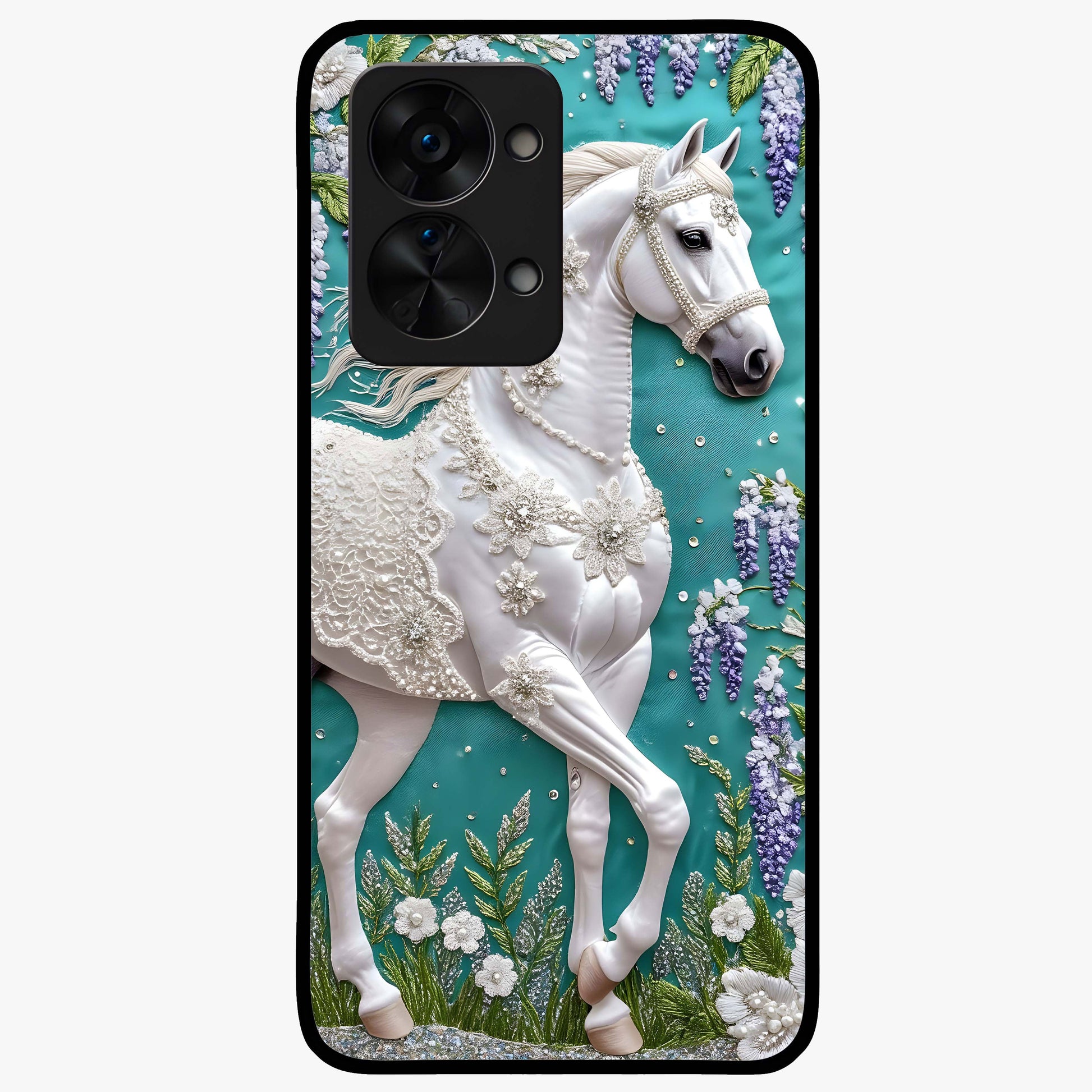 Majestic Floral Stallion Glass Case for 1+Nord 2T powerful front view featuring horse artwork blended with floral detailing