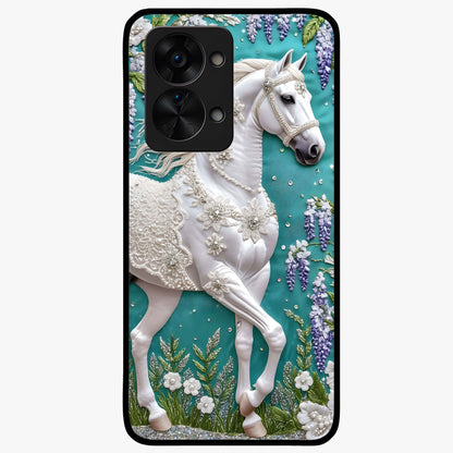 Majestic Floral Stallion Glass Case for 1+Nord 2T powerful front view featuring horse artwork blended with floral detailing