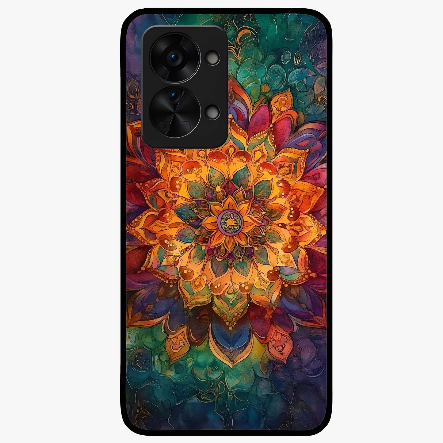 Mandala Vibrants Glass Case for 1+Nord 2T artistic front view featuring colorful mandala pattern artwork