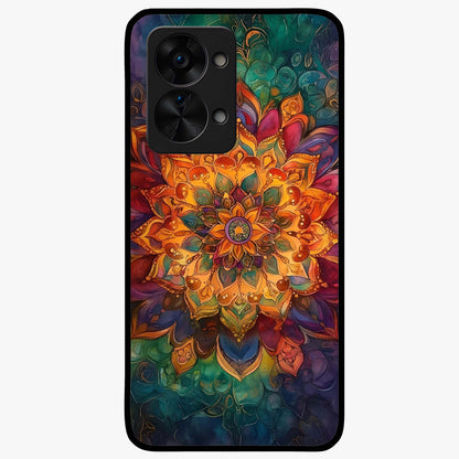 Mandala Vibrants Glass Case for 1+Nord 2T artistic front view featuring colorful mandala pattern artwork