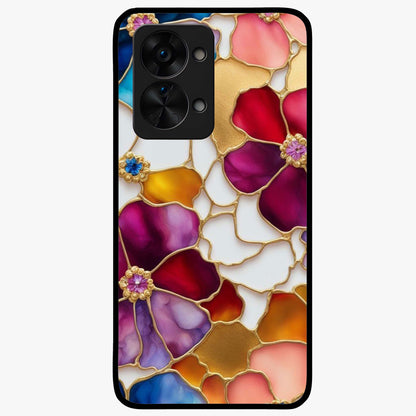 Marble Flower Pattern Glass Case for 1+Nord 2T stylish front view featuring floral artwork blended with marble texture