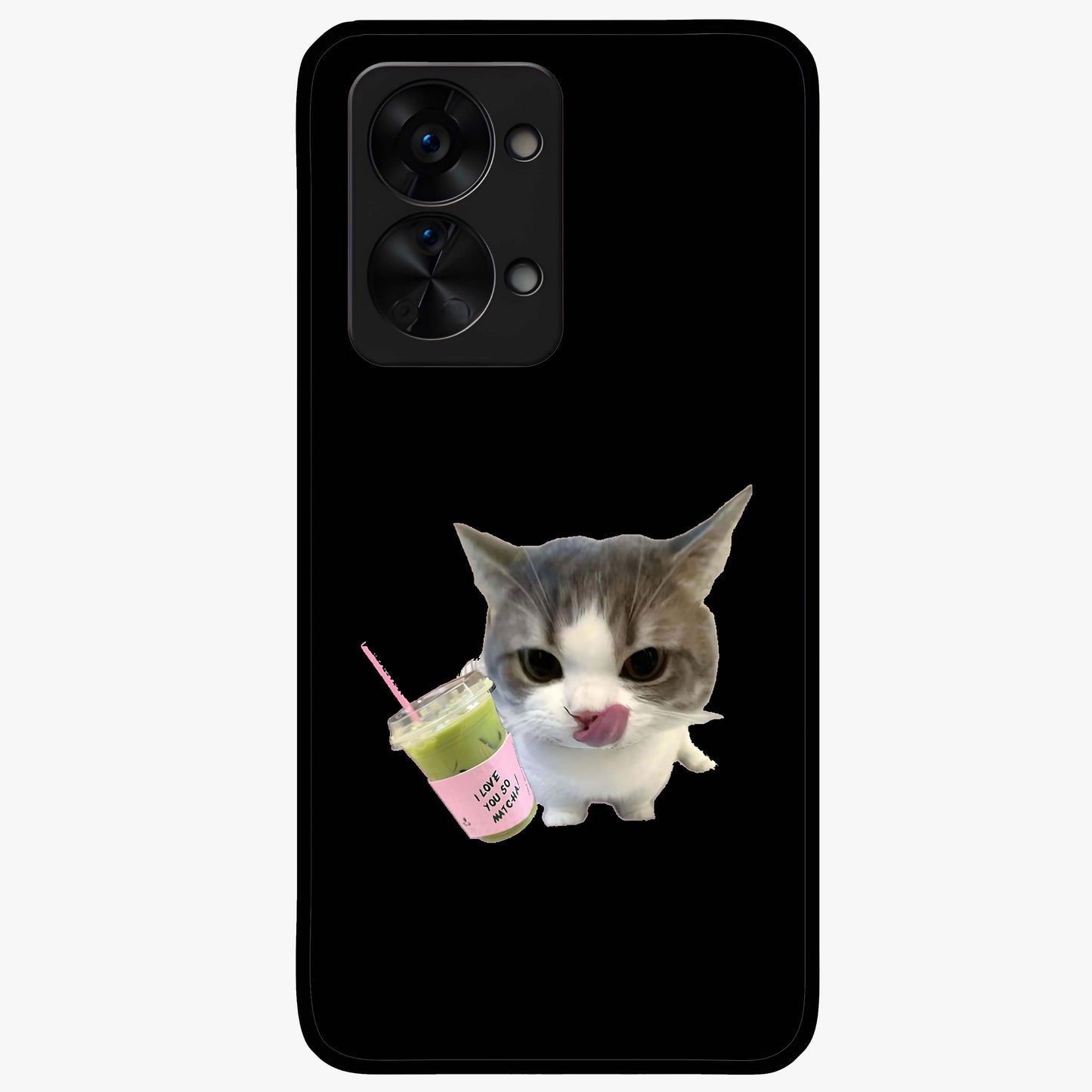 Matcha Cat Style Glass Case for 1+Nord 2T adorable front view featuring cute cat artwork in matcha green tones