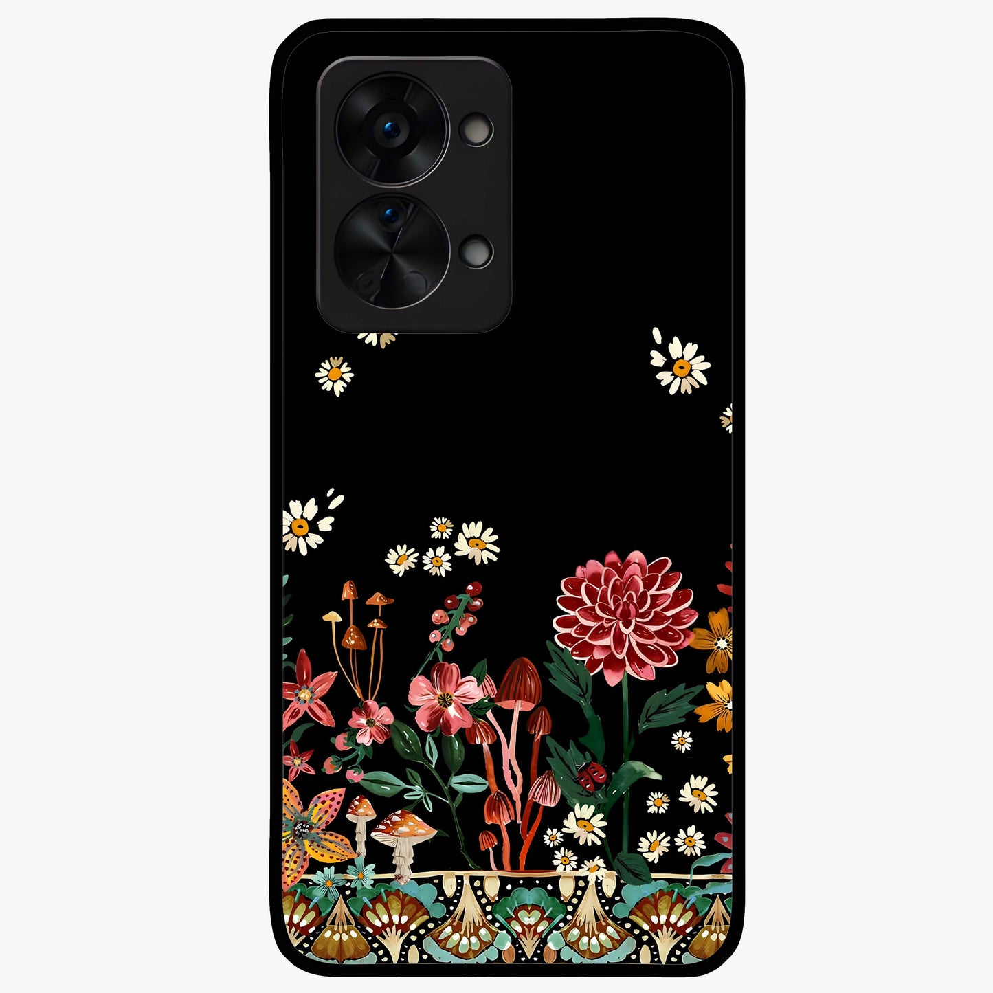 Midnight Bloom Pattern Glass Case for 1+Nord 2T elegant front view featuring floral artwork on deep night background