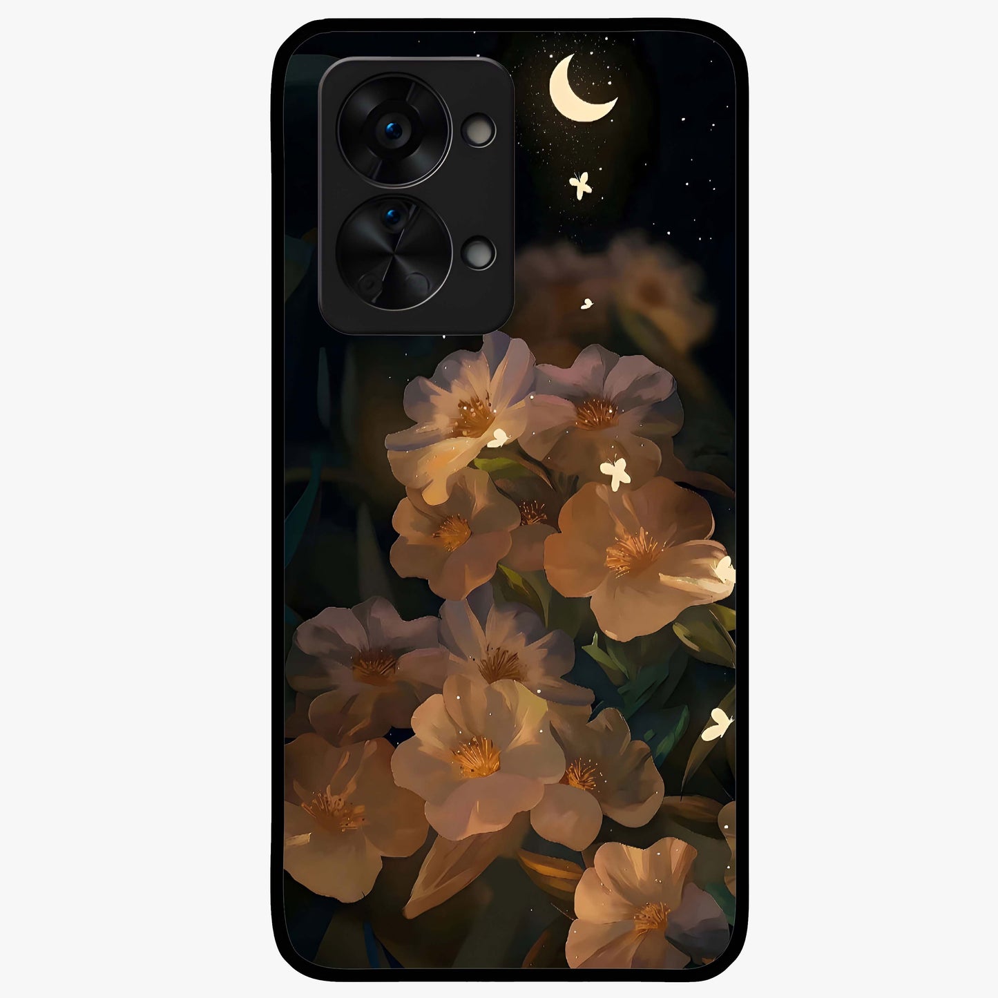 Midnight Bloom Trail Glass Case for 1+Nord 2T artistic front view featuring flowing floral trail artwork in dark tones