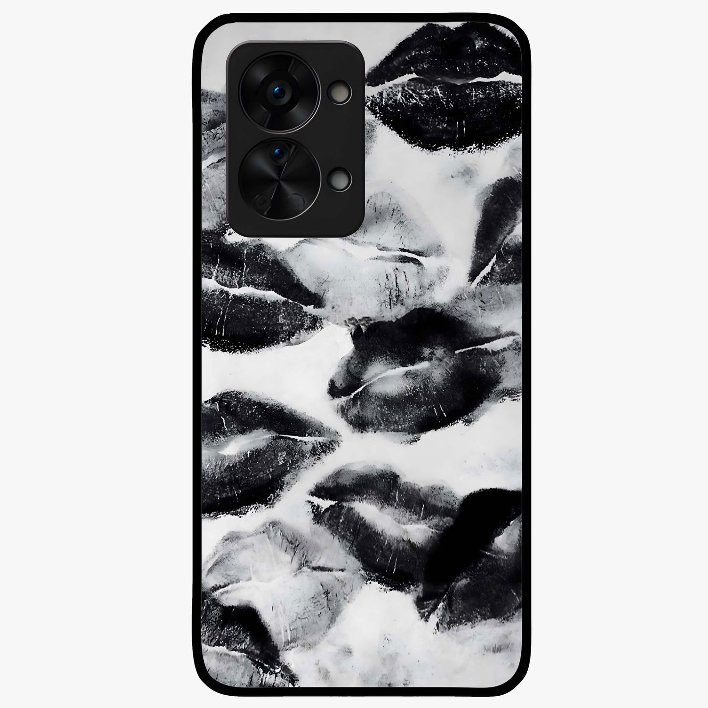 Midnight Kiss Marks Glass Case for 1+Nord 2T bold front view featuring romantic kiss mark artwork on dark background
