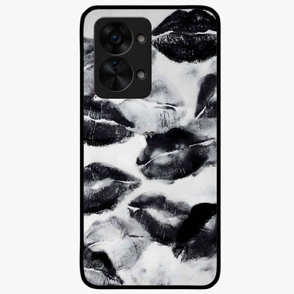 Midnight Kiss Marks Glass Case for 1+Nord 2T bold front view featuring romantic kiss mark artwork on dark background