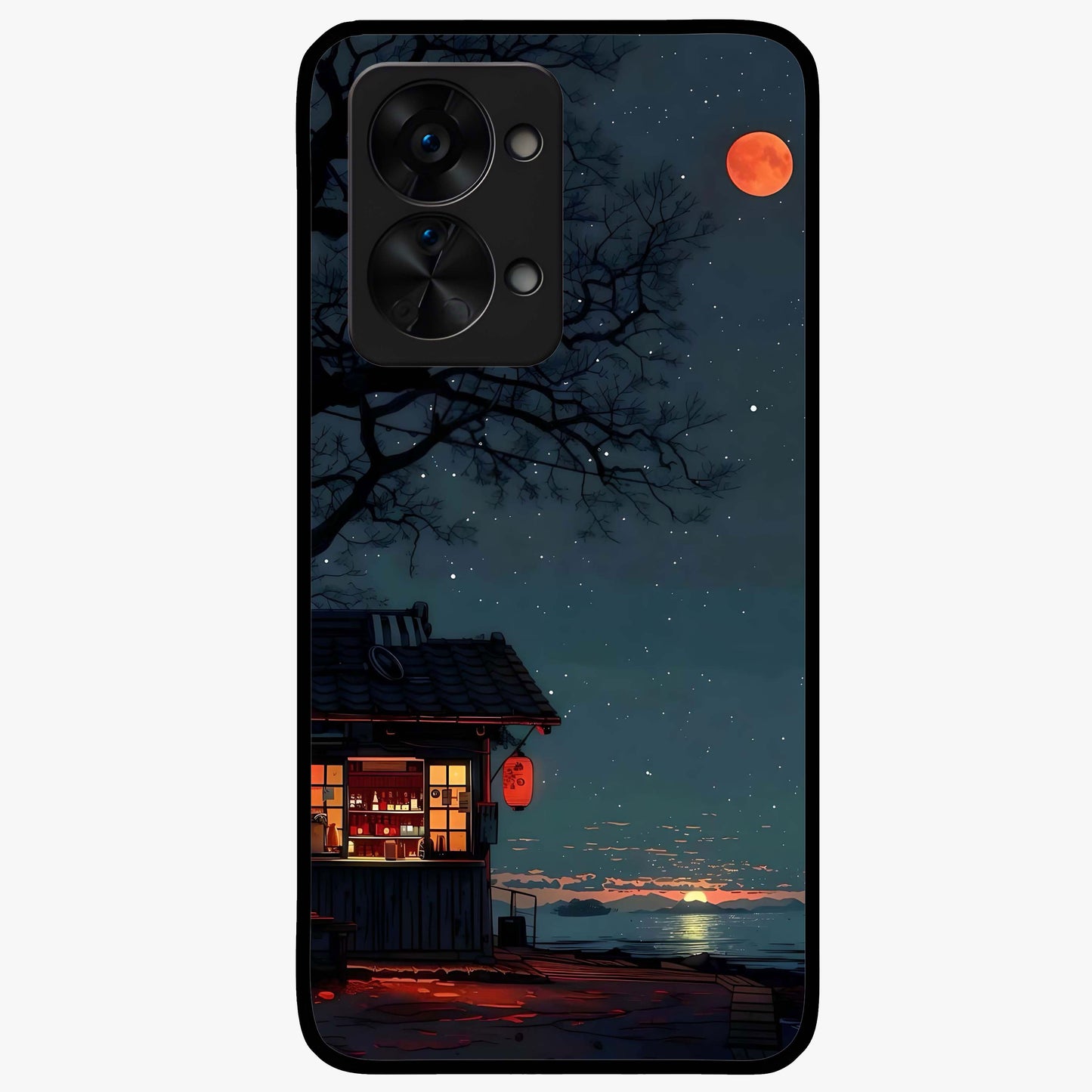 Midnight Lantern Glow Glass Case for 1+Nord 2T serene front view featuring glowing lantern artwork under night sky