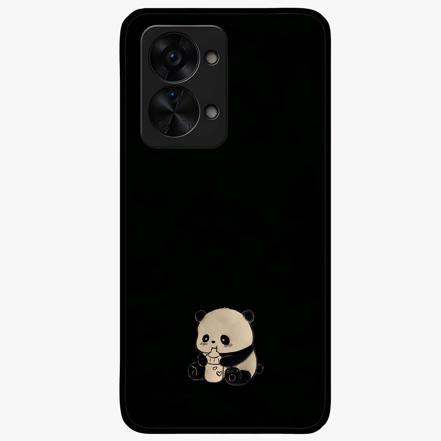 Midnight Panda Love Glass Case for 1+Nord 2T adorable front view featuring cute panda artwork on dark background