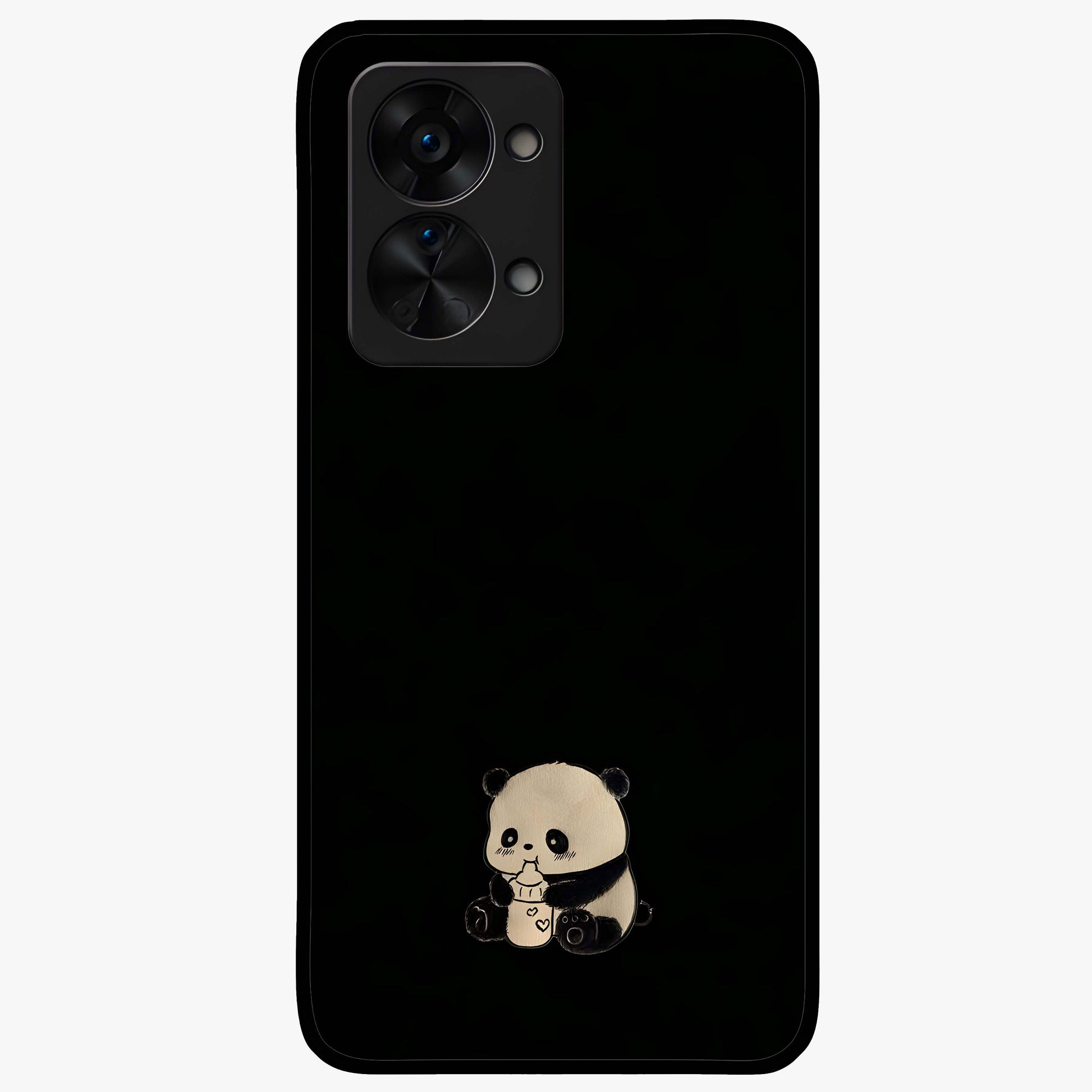 Midnight Panda Love Glass Case for 1+Nord 2T adorable front view featuring cute panda artwork on dark background