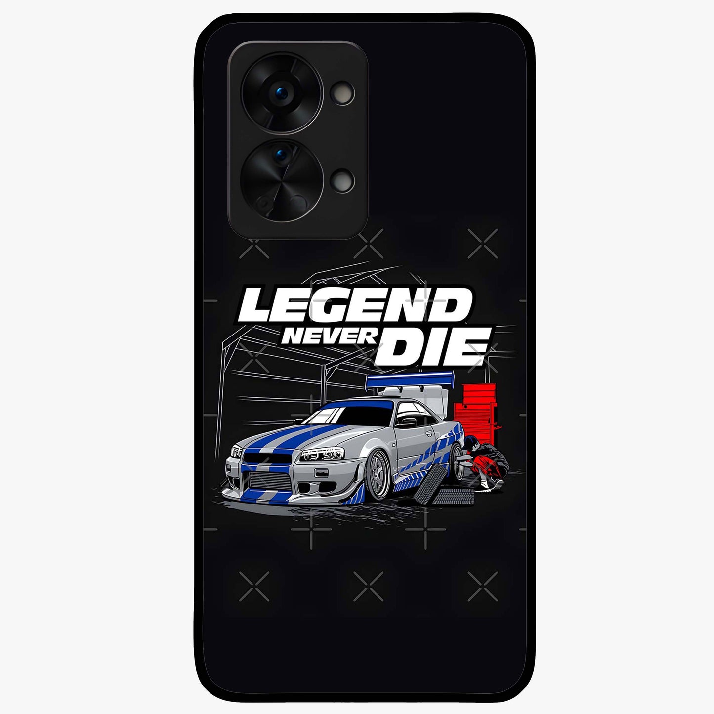 Midnight Racing Legacy Glass Case for 1+Nord 2T bold front view featuring racing inspired artwork in dark tones