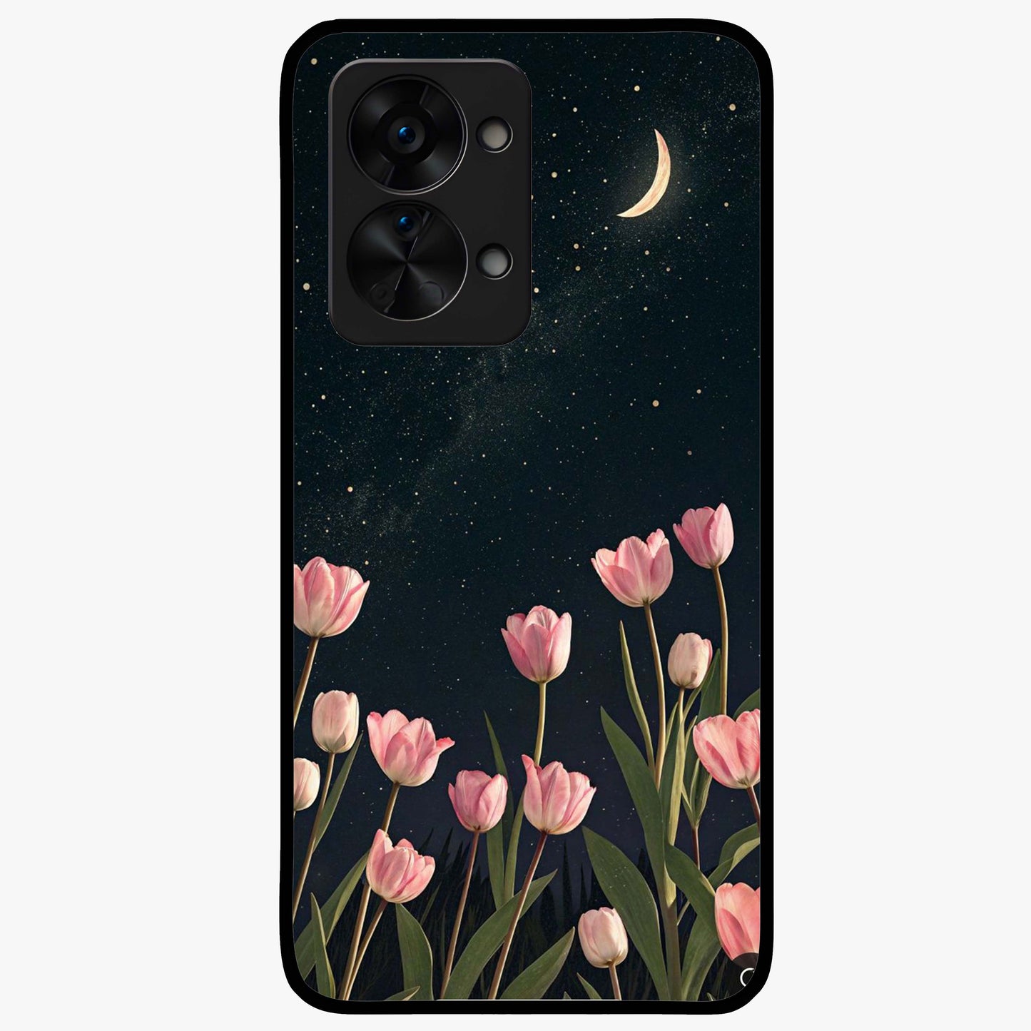 Midnight Tulip Whispers Vibe Glass Case for 1+Nord 2T elegant front view featuring tulip floral artwork on dark background