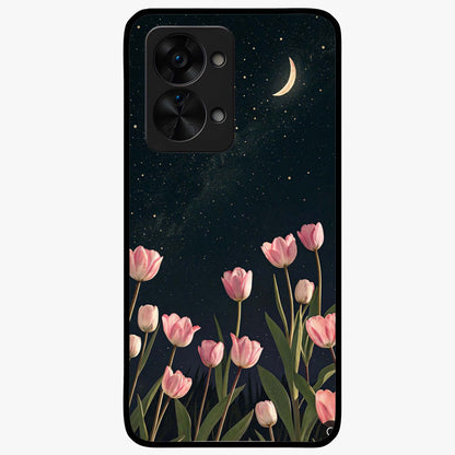Midnight Tulip Whispers Vibe Glass Case for 1+Nord 2T elegant front view featuring tulip floral artwork on dark background